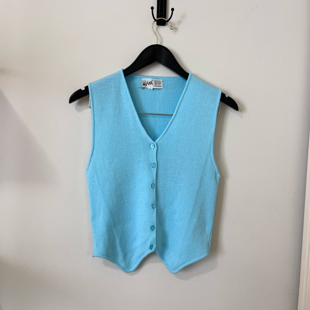 Vera Neumann Vintage Blue Sweater Vest Sleeveless Button Up Top Medium